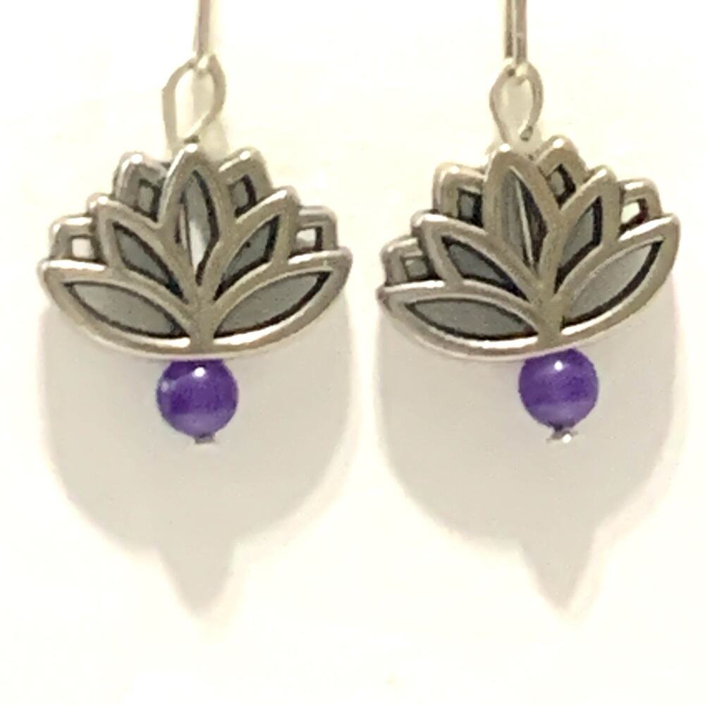 Vintage Amethyst & Silver Tone Lotus Blossom Dangle Earrings
